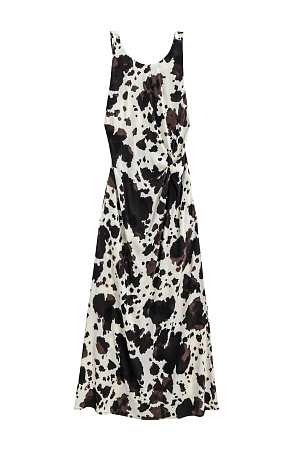 коричневый Принтованный сарафан длины миди из 100% вискозы. Модель прямого кроя, с круглым вырезом горловины, без рукавов, на широких бретелях, перекрученных на спине, драпировкой на талии и двумя боковыми карманами. 