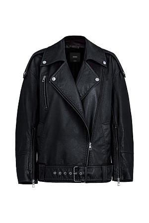 черный Куртка из экокожи с поясом. Модель свободного силуэта со спущенной линией плеча и боковыми карманами. Изделие декорировано металлическими кнопками и молниями. На подкладке.