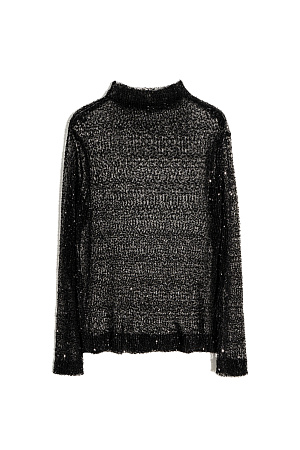 черный Прозрачный топ с длинными рукавами и воротником-стойкой. Модель декорирована пайетками.