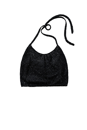 черный Трикотажный короткий топ из хлопка с добавлением вискозы. Модель прямого кроя с открытой спиной и двумя лямками-завязками на шее. Без подкладки. 