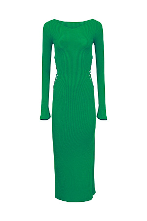 зеленый Трикотажное платье из вискозы с разрезом сбоку и шнуровкой по бокам. Модель приталенного силуэта длины миди с длинным рукавом и V-образным вырезом. 