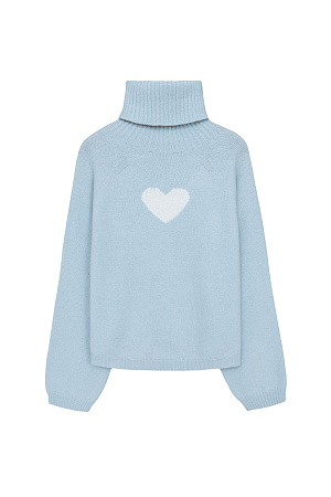голубой Трикотажный джемпер из шерсти с добавлением кашемира. Модель с высоким воротником в рубчик, спущенной линией плеча и жаккардовым рисунком в виде сердца на спине.