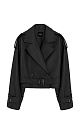 Двубортный жакет-косуха из двусторонней экокожи. Модель свободного силуэта со спущенным плечом и широкими лацканами. Изделие декорировано патами на плечах и ремнями с крупными пряжками на поясе и рукавах. 