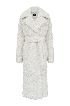 молочный Шуба из экомеха с широким воротником. Модель прямого кроя с поясом из основого материала. Изделие на подкладке. Застежка на пуговицы.