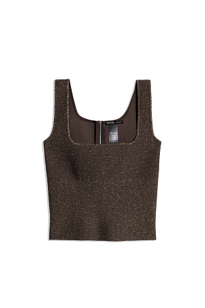 коричневый Короткий трикотажный корсет из вискозы с добавлением люрекса. Модель приталенного силуэта, с квадратным вырезом и широкими бретелями. Застежка на молнию сзади. 