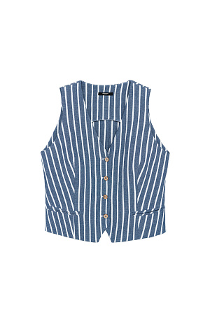 синий Хлопковый жилет в полоску. Модель прямого кроя с V-образным вырезом и имитацией карманов. Застежка на пуговицы. Дополнить образ можно жакетом и брюками в таком же стиле.