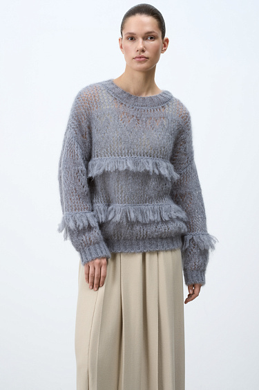 Ажурный джемпер с бахромой из кид мохера