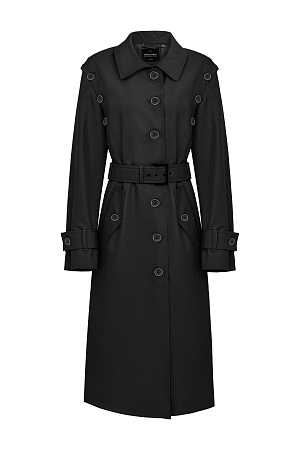 черный Длинный плащ свободного кроя с отложным воротником-стойкой. Декор выполнен в виде многочисленных пуговиц. Рукава изделия отстегиваются. Два боковых кармана с клапанами, паты для пояса. Пояс с пряжкой из основого материала.