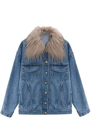 голубой Джинсовая куртка со съемным меховым воротником. Отложной воротник. Длинные рукава с манжетами на кнопках. Нагрудные карманы с клапанами. Застежка на металлические кнопки. В комплекте идет жилет на синтепоне на магнитных кнопках, который позволит носить куртку в более прохладную погоду.
