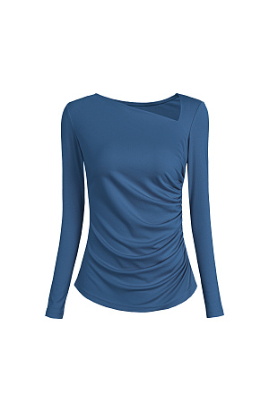 синий Лонгслив с асимметричным вырезом. Модель приталенного силуэта с драпировкой сбоку.