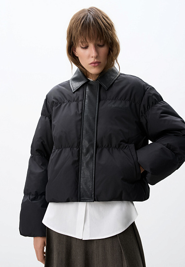 Пуховик с отложным воротником из экокожи