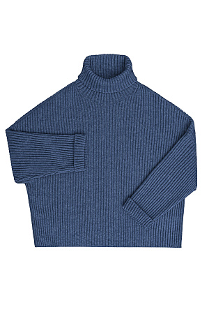 синий Широкий трикотажный джемпер из шерсти с добавлением кашемира. Модель свободного силуэта, со спущенной линией плеча, отворотами на манжетах и высоким свободным воротником.