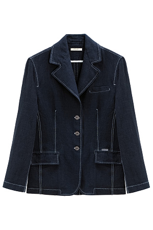 синий Классический однобортный жакет из 100% льна. Модель прямого кроя, с широкими лацканами и застежкой на три пуговицы. Нагрудный и два прорезных кармана с клапанами. Изделие декорировано строчкой контрастного цвета. 
