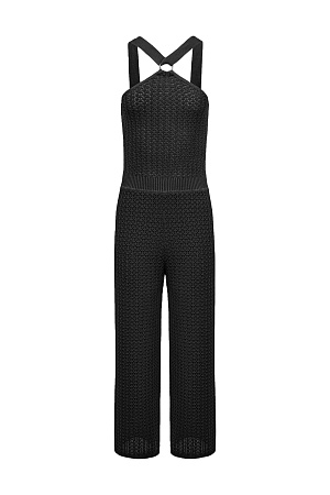 черный Трикотажный ажурный комбинезон на широких лямках с застежкой на кольце.