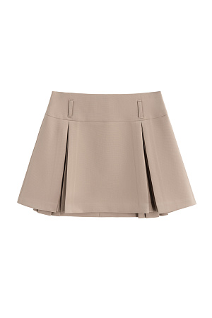бежевый Юбка длины мини из поливискозы. Модель с высоким поясом, дополненым шлевками для ремня. Изделие декорировано закрытыми веерными складками. Застежка на молнию.