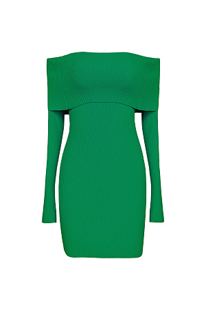 зеленый Трикотажное платье длины мини из вискозы в рубчик. Модель приталенного силуэта, с длинными рукавами и открытой линией плеч. 