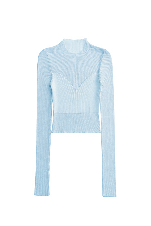 голубой Трикотажный кроп-топ из тонкого хлопка с добавлением вискозы. Модель приталенного силуэта, с длинными рукавами и круглым вырезом горловины. Изделие выполнено в комбинированной вязке, сочетая полупрозрачную и более плотную текстуры, создавая акцент на лифе. 