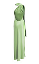 Платье из атласной вискозы длины макси с шарфом. Модель приталенного силуэта, без рукавов, с вырезом халтер, переходящий в воротник-стойку с застежкой на пуговицы сзади. 