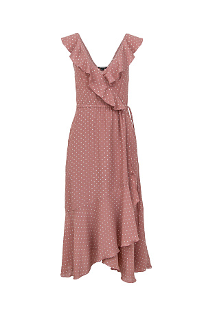розовый Сарафан в мелкий горох из 100% вискозы на запах, с V-образным вырезом и асимметричным низом. 