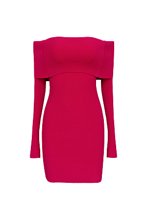 фуксия Трикотажное платье длины мини из вискозы в рубчик. Модель приталенного силуэта, с длинными рукавами и открытой линией плеч. 