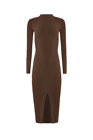коричневый Платье из вискозы с длинным рукавом, разрезом спереди и перекрученной спинкой.