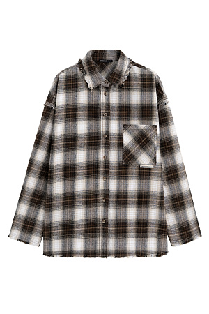 коричневый Рубашка в клетку из 100% хлопка. Модель прямого кроя с отложным воротником и нагрудным карманом с логотипом бренда. Изделие декорировано имитацией необработанного края. 