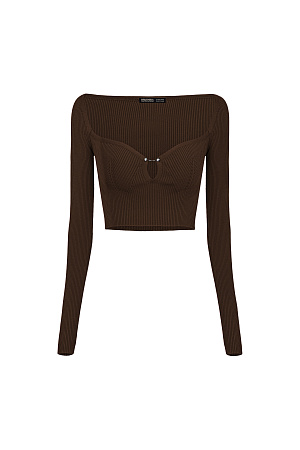 коричневый Трикотажный укороченный топ из вискозы в рубчик. Модель по фигуре с глубоким декольте и с декоративным элементом на лифе. Отлично сочетается с трикотажной юбкой из этой же коллекции.