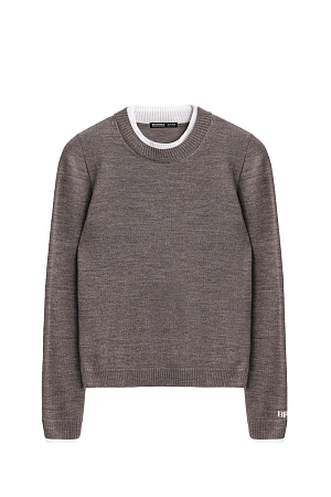 бежевый Трикотажный джемпер из шерсти. Модель свободного силуэта с контрастными манжетами и воротничком. Изделие декорировано брендированным жаккардом на рукаве и логотипом на спине.