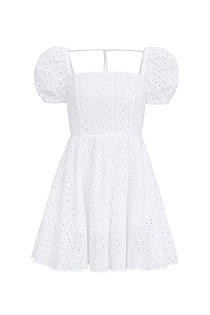 белый Короткое платье из 100% хлопка с рукавами-фонариками, прямоугольным вырезом и открытой спиной на завязках.