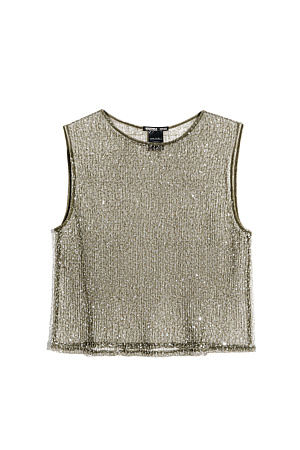хаки Прозрачный топ без рукавов, с круглым вырезом горловины. Модель декорирована пайетками. 
