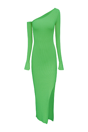 зеленый Трикотажное платье длины миди из вискозы в рубчик. Модель с асимметричным вырезом горловины, откытым плечом, длинными рукавами и разрезом сбоку.