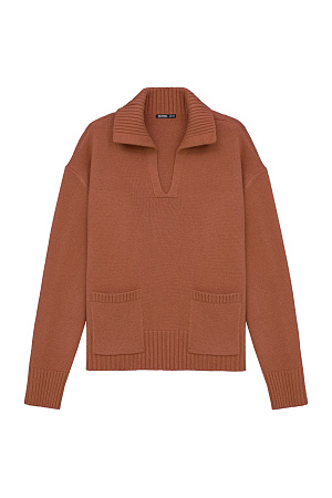 коричневый Трикотажный джемпер из шерсти с V-образным вырезом и отложным воротником. Модель свободного силуэта с накладными карманами. 