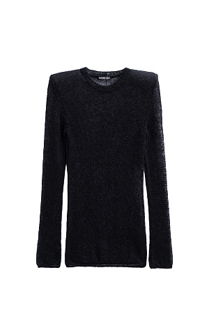 черный Полупрозрачный трикотажный джемпер из шерсти с добавлением мохера. Модель по фигуре с круглым вырезом горловины. Изделие с подплечниками.