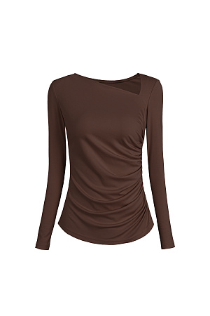 коричневый Лонгслив с асимметричным вырезом. Модель приталенного силуэта с драпировкой сбоку.