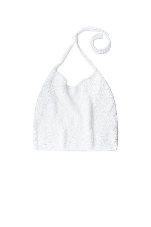 белый Трикотажный короткий топ из хлопка с добавлением вискозы. Модель прямого кроя с открытой спиной и двумя лямками-завязками на шее. Без подкладки. 