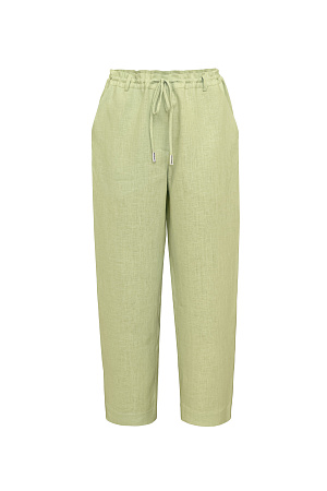 зеленый Брюки-бананы из 100% льна. Модель свободного силуэта с эластичным поясом на кулиске и боковыми карманами. Дополнить образ можно жакетом в таком же стиле.