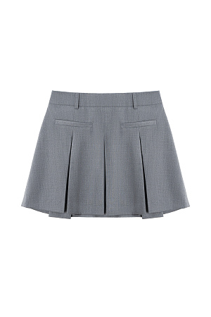 серый Юбка длины мини из шерсти. Модель прямого кроя, с крупными складками, поясом со шлевками для ремня, врезными карманами спереди и застежкой на молнию. Изделие без подкладки.