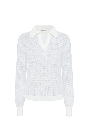 белый Трикотажный ажурный джемпер из шерсти с добавлением мохера. Модель прямого силуэта со спущенной линией плеча, длинным рукавом и воротником-поло без пуговиц.