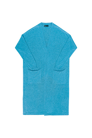 голубой Длинный трикотажный кардиган из вискозы. Модель прямого кроя, с двумя боковыми карманами, шлевками на талии и поясом.