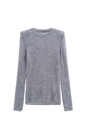 серый Полупрозрачный трикотажный джемпер из шерсти с добавлением мохера. Модель по фигуре с круглым вырезом горловины. Изделие с подплечниками.