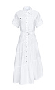 Платье-рубашка длины миди из мягкого хлопка. Модель приталенного силуэта, с патами на поясе для ремня, отложным воротником, короткими рукавами и асимметричной юбкой, имитирующей многоярусность. Застежка на пуговицы. Брендированный ярлык на груди.