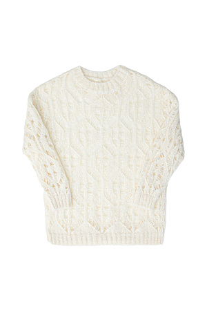 белый Трикотажный джемпер из мохера с добавлением шерсти. Модель свободного силуэта со спущенным плечом выполненная ажурным переплетением. Края изделия в рубчик.