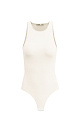 Трикотажное боди из вискозы. Модель приталенного силуэта без рукавов, с широкими лямками, круглым вырезом горловины и глубокой проймой. Застежка на бельевые крючки.