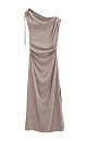 Платье из купры длины макси. Модель приталенного силуэта, без рукавов, с асимметричным вырезом горловины, драпировкой на плече и талиии. Высокий разрез сбоку.