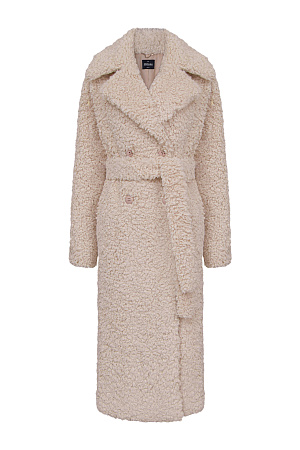 бежевый Шуба из экомеха с широким воротником. Модель прямого кроя с поясом из основого материала. Изделие на подкладке. Застежка на пуговицы.