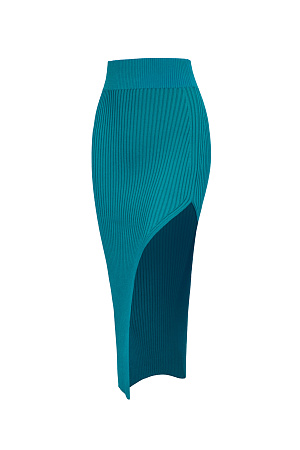 бирюзовый Трикотажная юбка в рубчик, повторяющая изгибы с боковым разрезом и широким эластичным поясом.