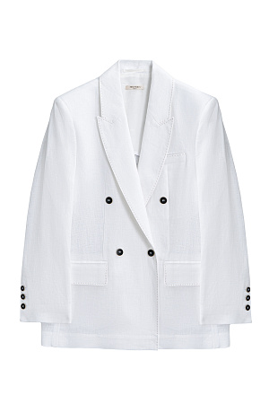 белый Двубортный жакет с отстрочкой из 100% льна. Модель прямого кроя с лацканами. Два прорезных кармана с клапанами и нагрудный карман. Манжеты декорированы пуговицами.