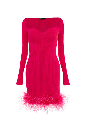 фуксия Трикотажное платье мини с фигурным декольте и окантовкой из перьев по нижнему краю