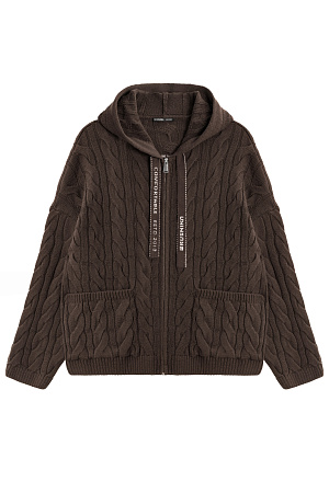 коричневый Трикотажное худи с объемными косами из мягкой шерсти. Модель свободного силуэта, со спущенной линией плеч, накладными карманами и капюшоном. Изделие декорировано брендированным жаккардом на спине. Застежка на молнию. Выполнено без подкладки. Дополнить образ можно брюками или юбкой в том же стиле.