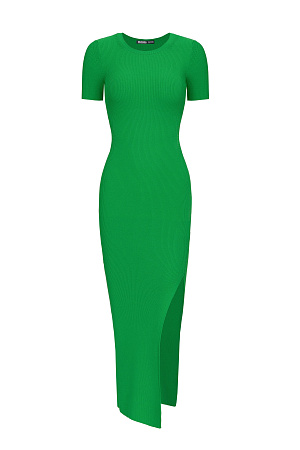 зеленый Облегающее трикотажное платье длины миди из вискозы. Модель приталенного силуэта, с короткими рукавами, круглым вырезом горловины, вырезом на спине и высоким разрезом сбоку.